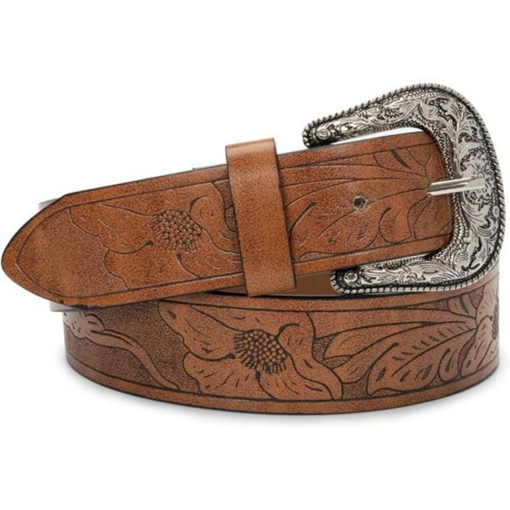 Vintage western cowboy belt womens mens leather belt with engraved buckle jeans